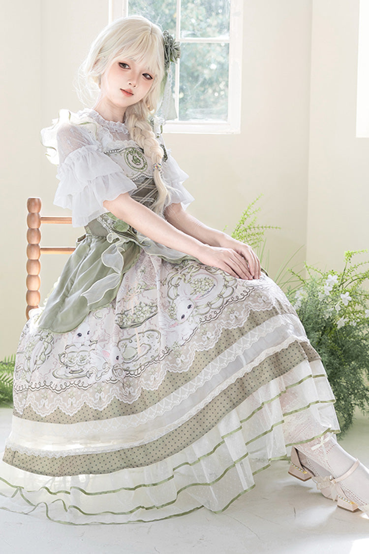Sweet Lolita JSK - Teacup Rabbit, Green, Ruffled, Printed, Embroidered - additional product view 13
