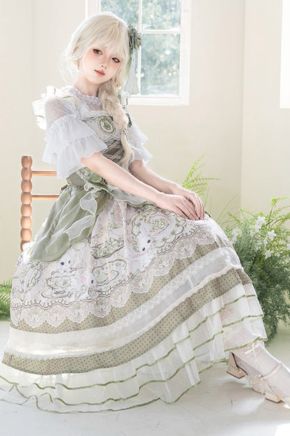Sweet Lolita JSK - Teacup Rabbit, Green, Ruffled, Printed, Embroidered - additional product view 13