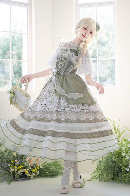 Sweet Lolita JSK - Teacup Rabbit, Green, Ruffled, Printed, Embroidered - additional product view 14