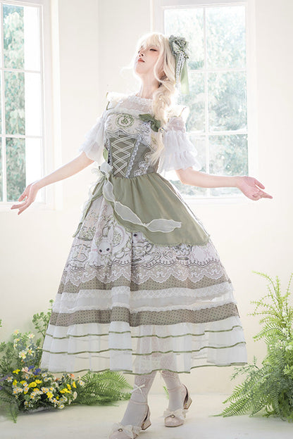 Sweet Lolita JSK - Teacup Rabbit, Green, Ruffled, Printed, Embroidered - additional product view 16