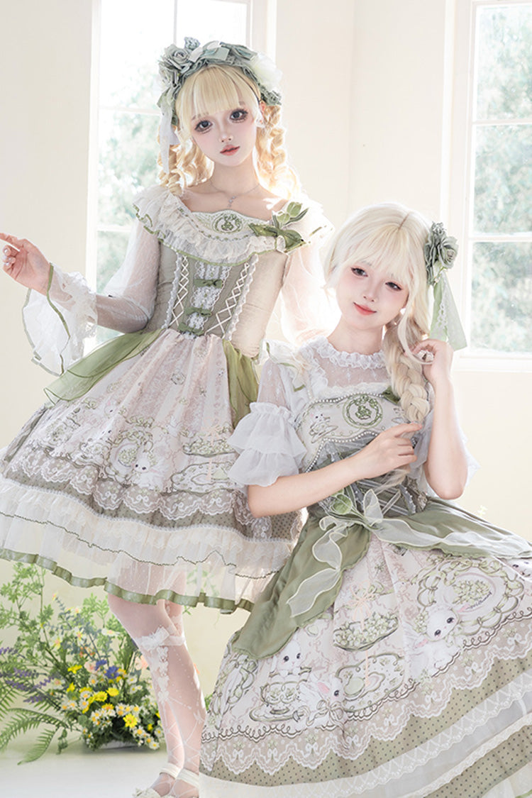 Sweet Lolita JSK - Teacup Rabbit, Green, Ruffled, Printed, Embroidered - additional product view 17