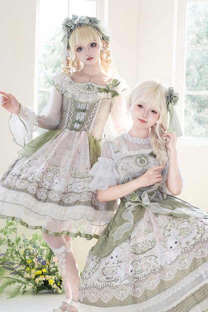 Sweet Lolita JSK - Teacup Rabbit, Green, Ruffled, Printed, Embroidered - additional product view 17