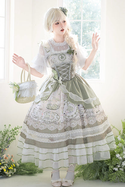 Sweet Lolita JSK - Teacup Rabbit, Green, Ruffled, Printed, Embroidered - main product image