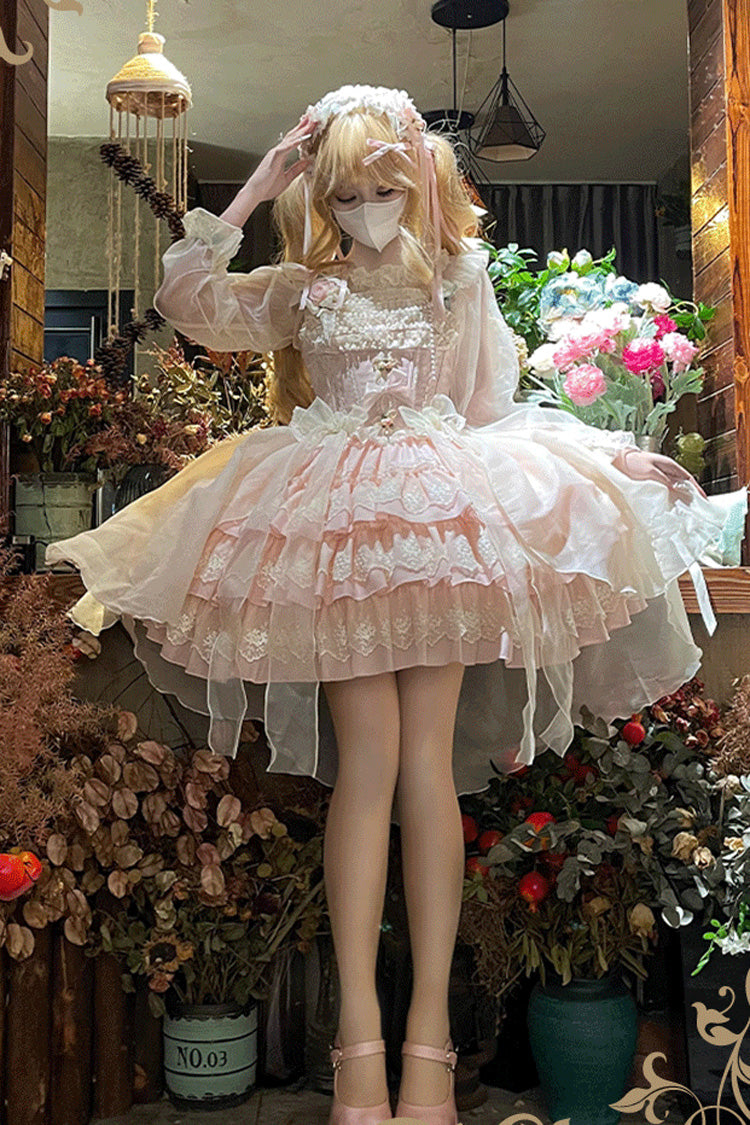 Sweet Lolita JSK - Tears Of Rose, 2 Colors, Lace Trim, Ruffled, Layered - S Pink / M Pink / L Pink option