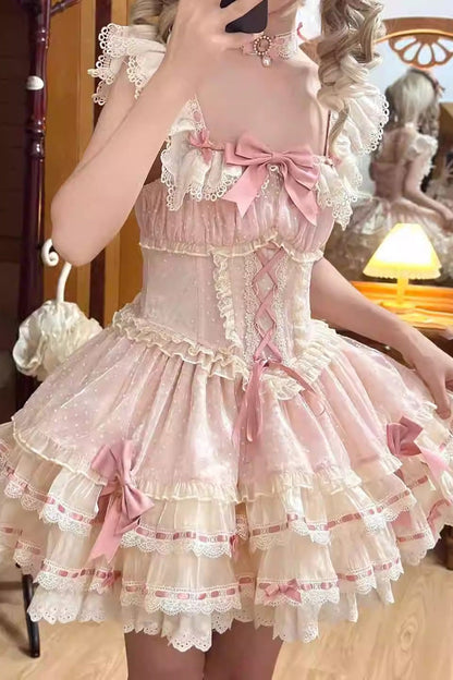 Sweet Lolita JSK - Triple-layered, Pink, Ballet-Inspired Style, Bow Detail, Lace Trim - additional product view 4