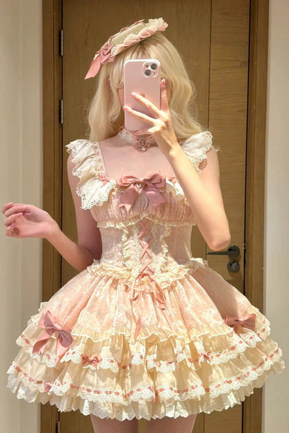 Sweet Lolita JSK - Triple-layered, Pink, Ballet-Inspired Style, Bow Detail, Lace Trim - additional product view 5