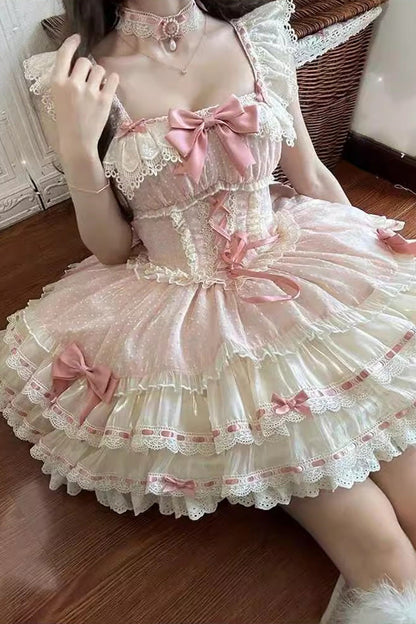 Sweet Lolita JSK - Triple-layered, Pink, Ballet-Inspired Style, Bow Detail, Lace Trim - additional product view 6