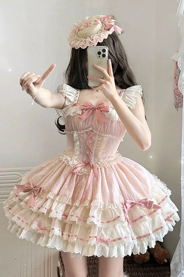 Sweet Lolita JSK - Triple-layered, Pink, Ballet-Inspired Style, Bow Detail, Lace Trim - main product image