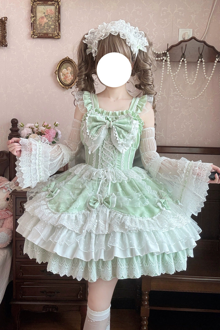 Sweet Lolita JSK - Triple-layered Ruffle Embroidery, Green, Plus Size, Ruffled - main product image