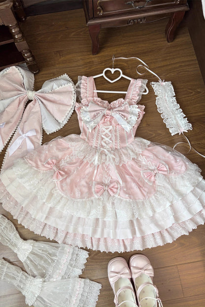 Sweet Lolita JSK - Triple-layered Ruffle Embroidery, Pink, Plus Size, Lace-Up, Bow Detail - additional product view 2