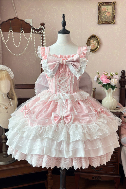 Sweet Lolita JSK - Triple-layered Ruffle Embroidery, Pink, Plus Size, Lace-Up, Bow Detail - main product image