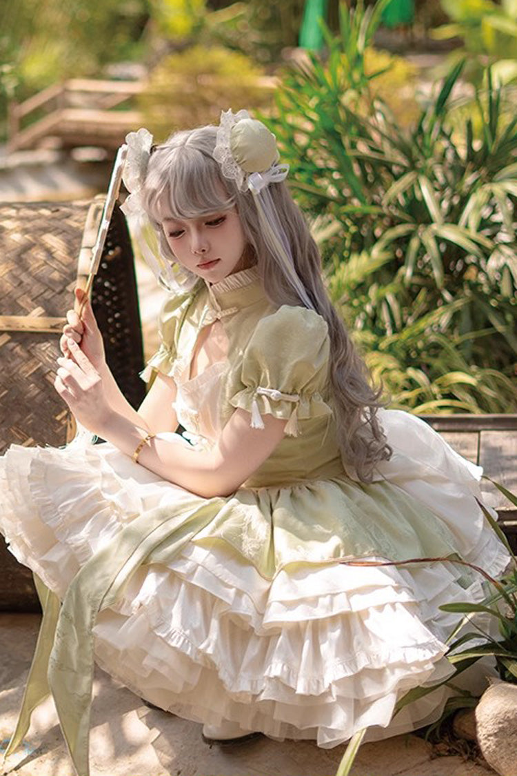 Sweet Lolita JSK - Trumpet Ruffle Bowknot Lace, Green, Bow Detail, Lace Trim, Ruffled - additional product view 2