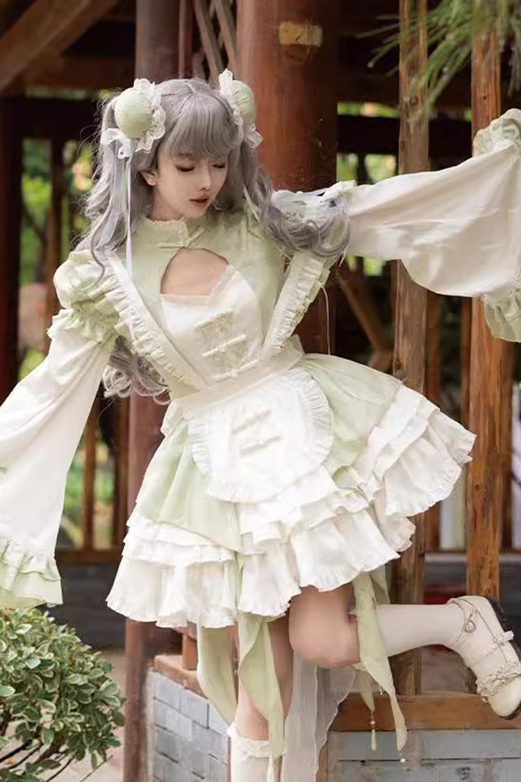Sweet Lolita JSK - Trumpet Ruffle Bowknot Lace, Green, Bow Detail, Lace Trim, Ruffled - additional product view 3