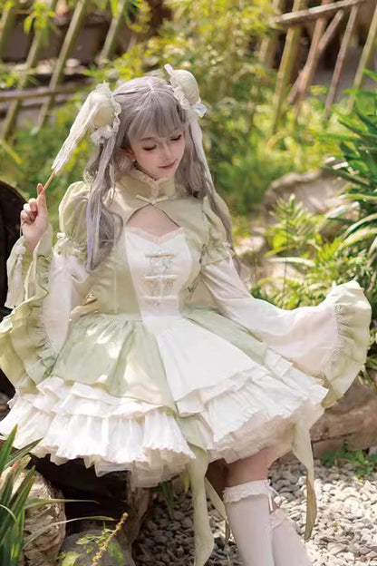 Sweet Lolita JSK - Trumpet Ruffle Bowknot Lace, Green, Bow Detail, Lace Trim, Ruffled - additional product view 4