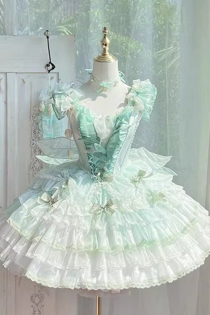 Sweet Lolita JSK - Tulip And Wind Chime, Green, Lace Trim, Ruffled, Layered - additional product view 2