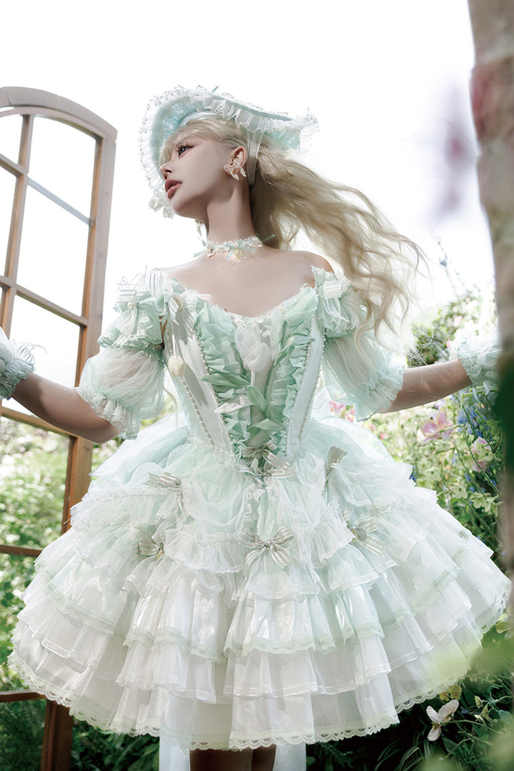 Sweet Lolita JSK - Tulip And Wind Chime, Green, Lace Trim, Ruffled, Layered - additional product view 6