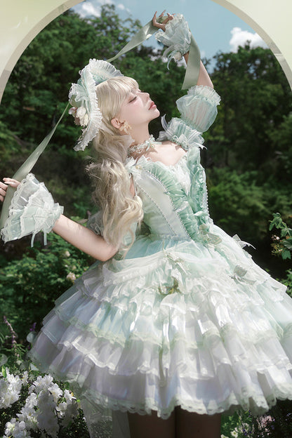 Sweet Lolita JSK - Tulip And Wind Chime, Green, Lace Trim, Ruffled, Layered - additional product view 8