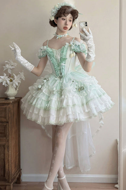 Sweet Lolita JSK - Tulip And Wind Chime, Green, Lace Trim, Ruffled, Layered - additional product view 15
