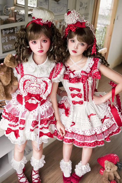 Sweet Lolita JSK - Twin Bears, 2 Colors, Layered, Bow Detail, Lace Trim - additional product view 4