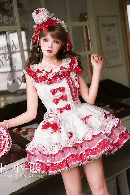 Sweet Lolita JSK - Twin Bears, 2 Colors, Layered, Bow Detail, Lace Trim - additional product view 7