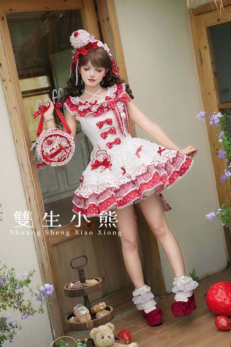Sweet Lolita JSK - Twin Bears, 2 Colors, Layered, Bow Detail, Lace Trim - additional product view 8