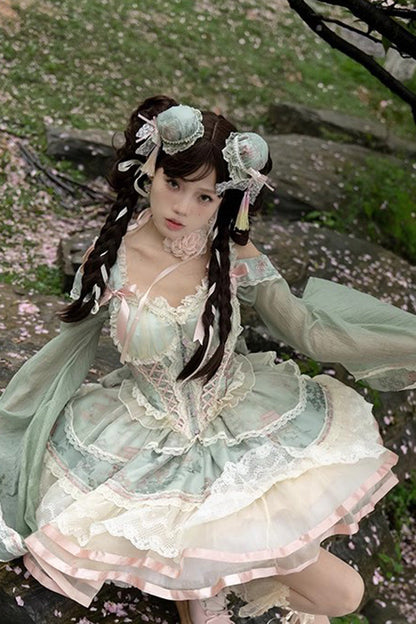 Sweet Lolita JSK - Waltz Multi-layer Print, Green, Printed, Chinese-Inspired Style - additional product view 4