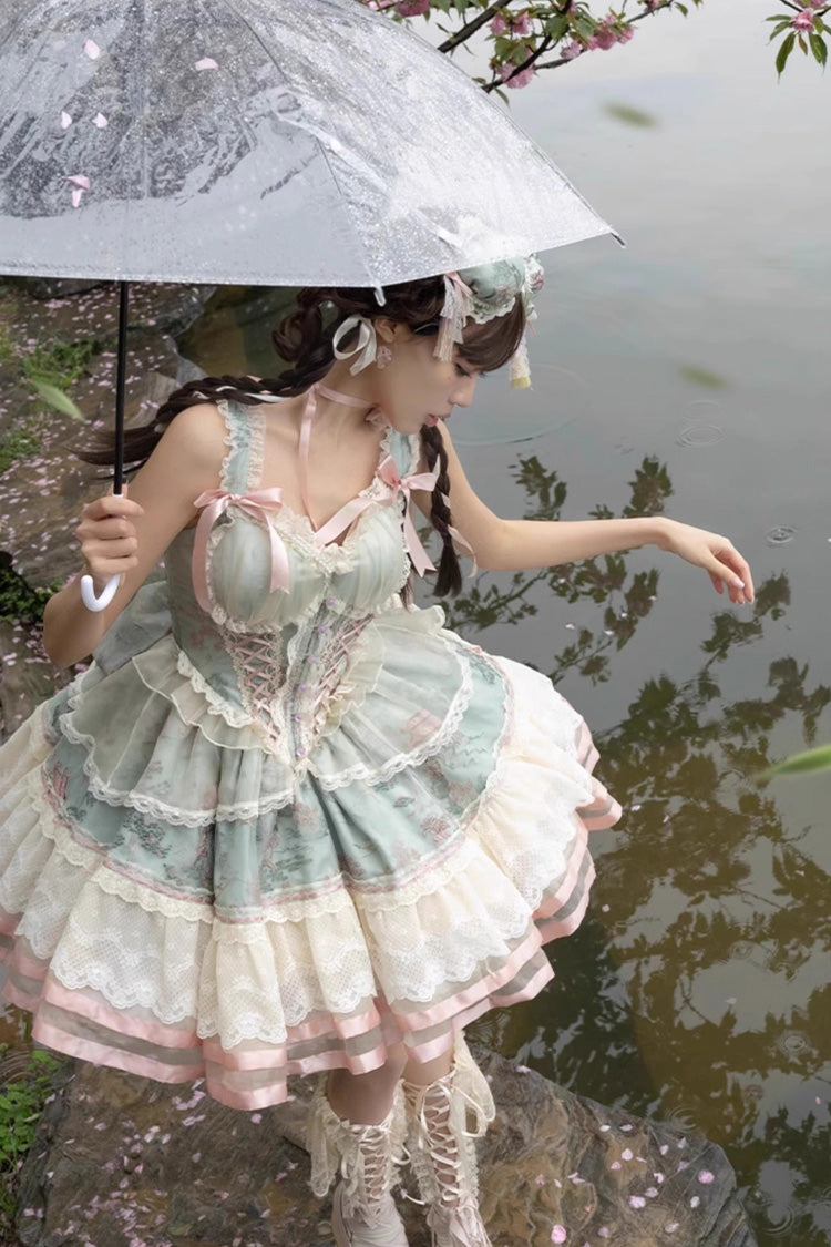 Sweet Lolita JSK - Waltz Multi-layer Print, Green, Printed, Chinese-Inspired Style - additional product view 5