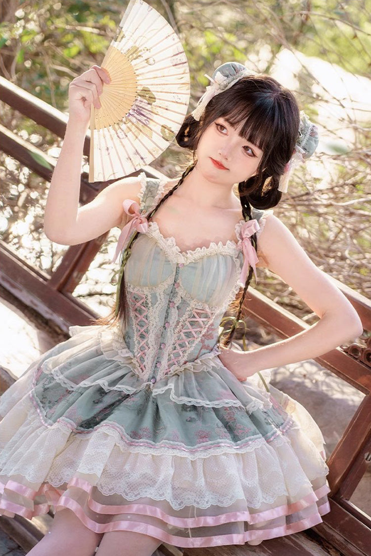 Sweet Lolita JSK - Waltz Multi-layer Print, Green, Printed, Chinese-Inspired Style - additional product view 8