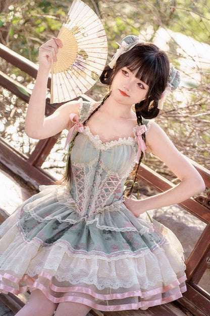 Sweet Lolita JSK - Waltz Multi-layer Print, Green, Printed, Chinese-Inspired Style - additional product view 8