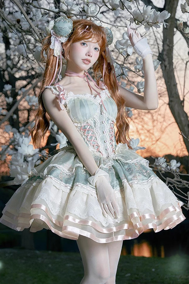 Sweet Lolita JSK - Waltz Multi-layer Print, Green, Printed, Chinese-Inspired Style - main product image