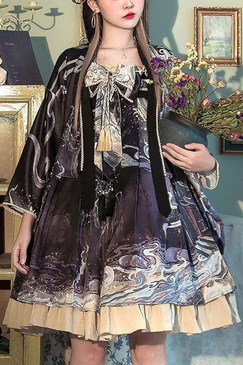 Sweet Lolita JSK - Wave Print, Purple, Bow Detail, Ruffled, Printed - main product image