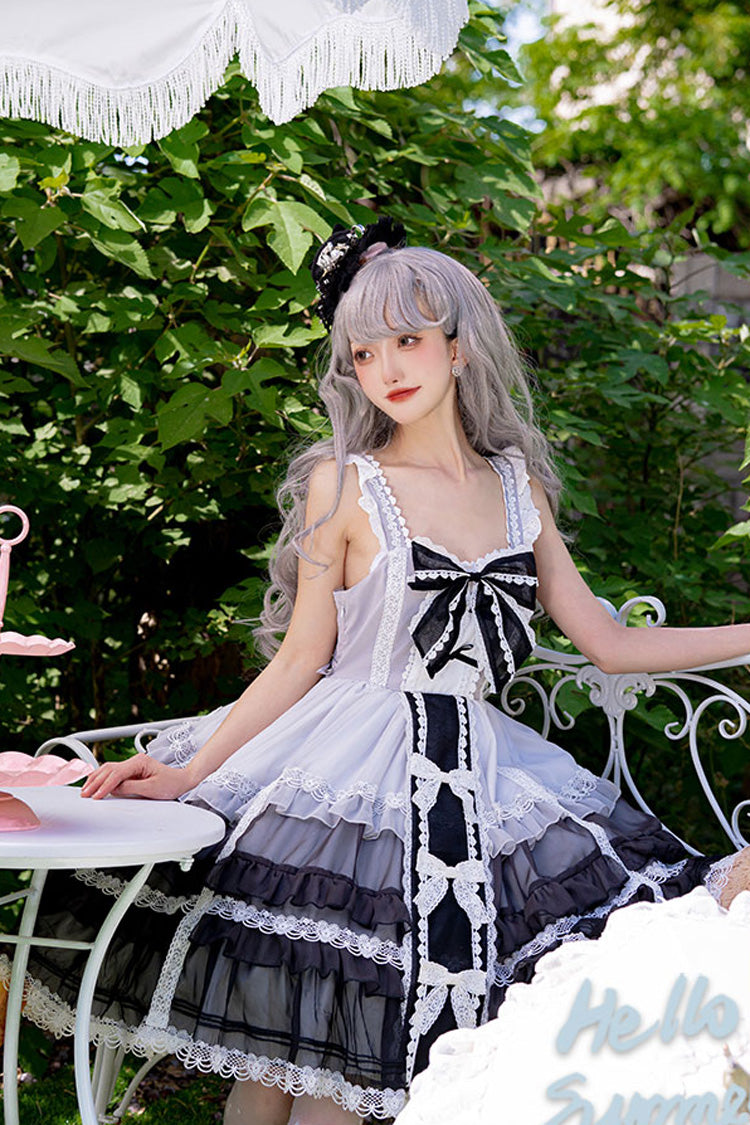Sweet Lolita JSK - White/black Multi-layer, 2 Colors, Gothic Style, Bow Detail, Ruffled - additional product view 3