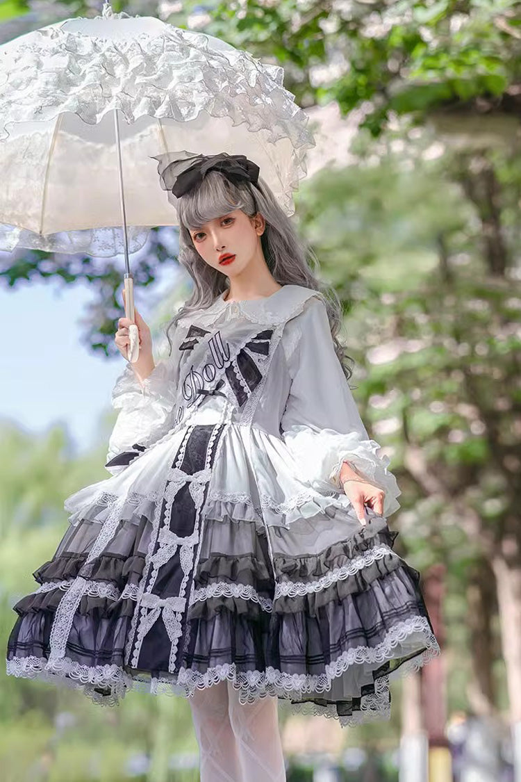 Sweet Lolita JSK - White/black Multi-layer, 2 Colors, Gothic Style, Bow Detail, Ruffled - main product image