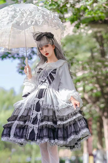 Sweet Lolita JSK - White/black Multi-layer, 2 Colors, Gothic Style, Bow Detail, Ruffled - main product image