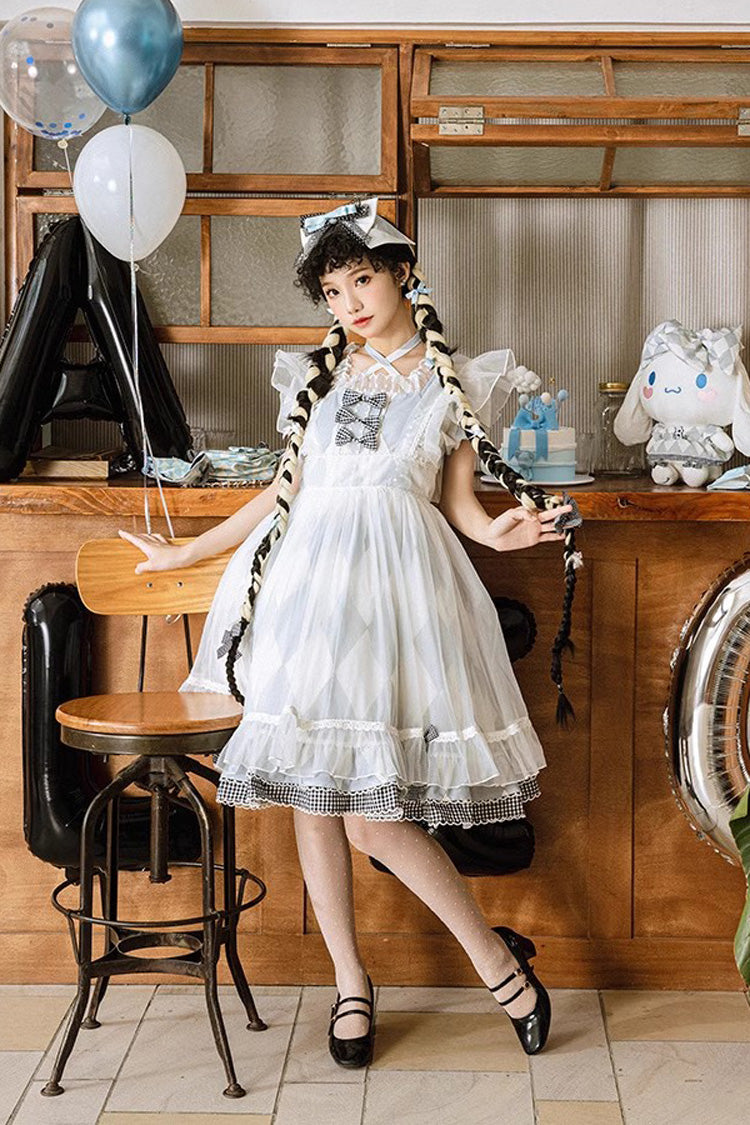 Sweet Lolita JSK - White/blue, 2 Colors, Plaid, Bow Detail, Printed - additional product view 2