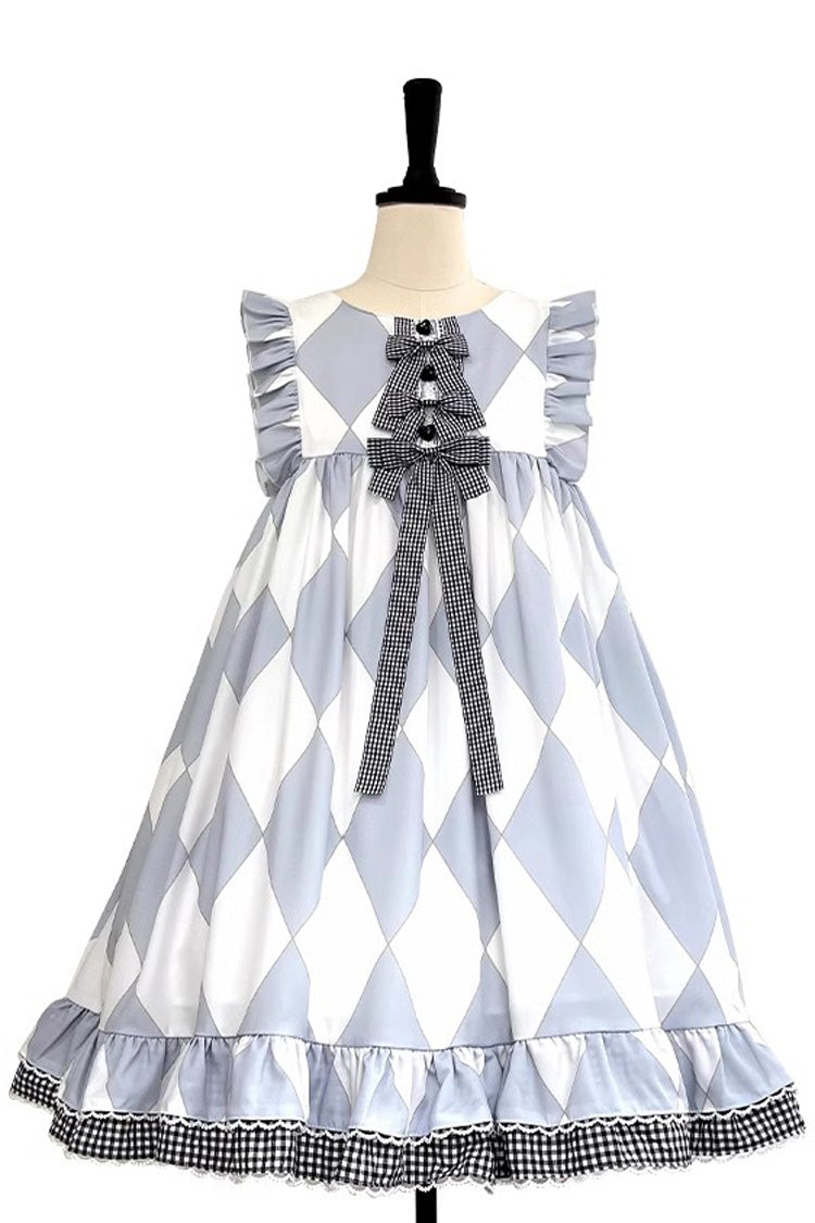 Sweet Lolita JSK - White/blue, 2 Colors, Plaid, Bow Detail, Printed - additional product view 3