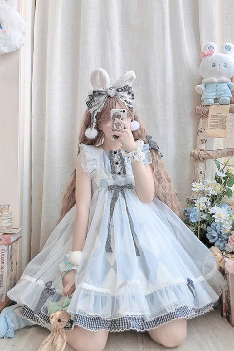 Sweet Lolita JSK - White/blue, 2 Colors, Plaid, Bow Detail, Printed - additional product view 4