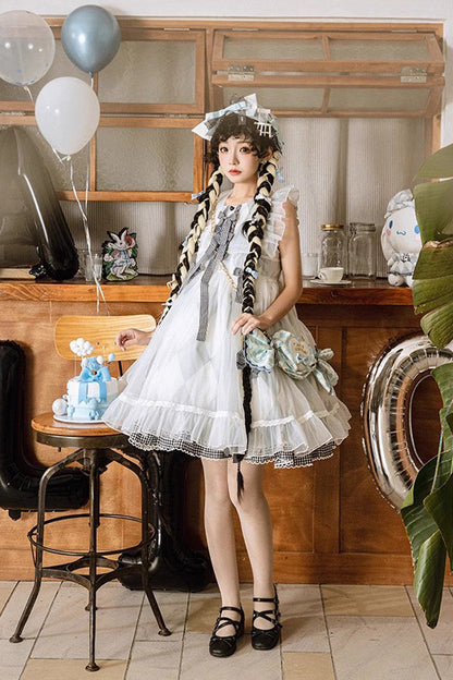 Sweet Lolita JSK - White/blue, 2 Colors, Plaid, Bow Detail, Printed - additional product view 5