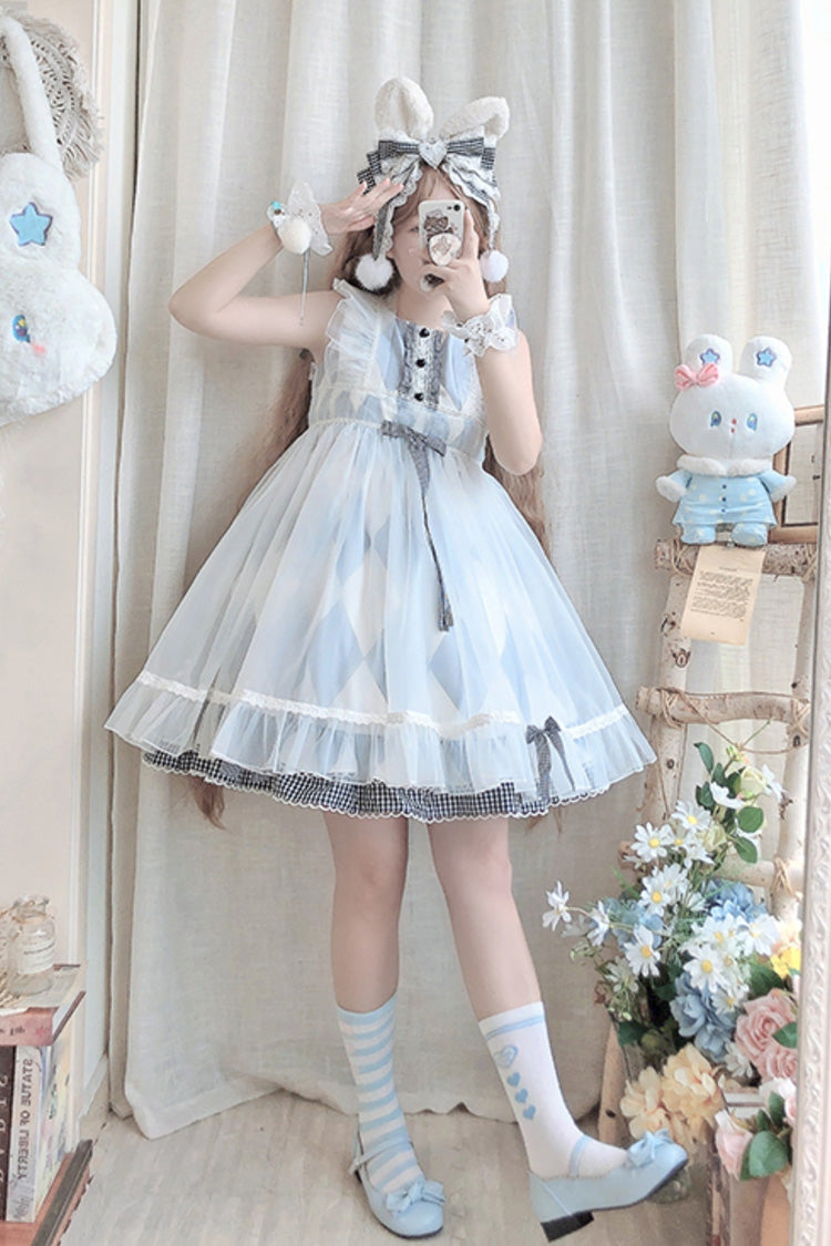 Sweet Lolita JSK - White/blue, 2 Colors, Plaid, Bow Detail, Printed - main product image