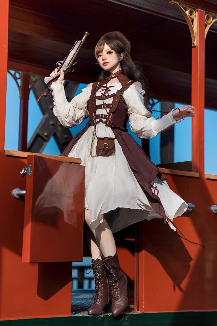 Sweet Lolita JSK - White/brown Pirate's Guide, 2 Colors, Punk Style - additional product view 2