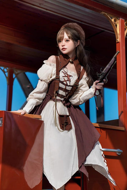 Sweet Lolita JSK - White/brown Pirate's Guide, 2 Colors, Punk Style - additional product view 3