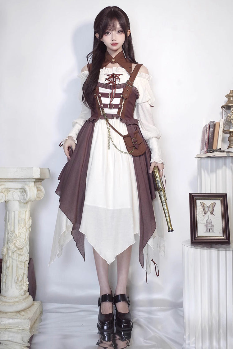 Sweet Lolita JSK - White/brown Pirate's Guide, 2 Colors, Punk Style - additional product view 5
