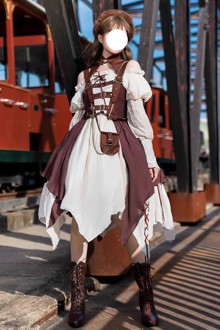 Sweet Lolita JSK - White/brown Pirate's Guide, 2 Colors, Punk Style - main product image