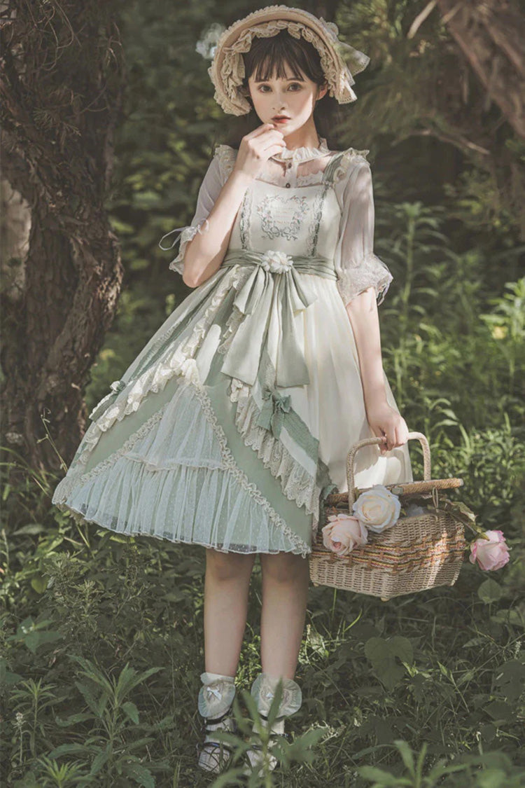 Sweet Lolita JSK - White/green Country Style Daisy, 2 Colors, High Waist - additional product view 2