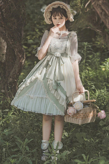 Sweet Lolita JSK - White/green Country Style Daisy, 2 Colors, High Waist - additional product view 2