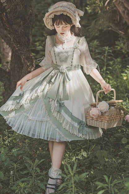 Sweet Lolita JSK - White/green Country Style Daisy, 2 Colors, High Waist - additional product view 3