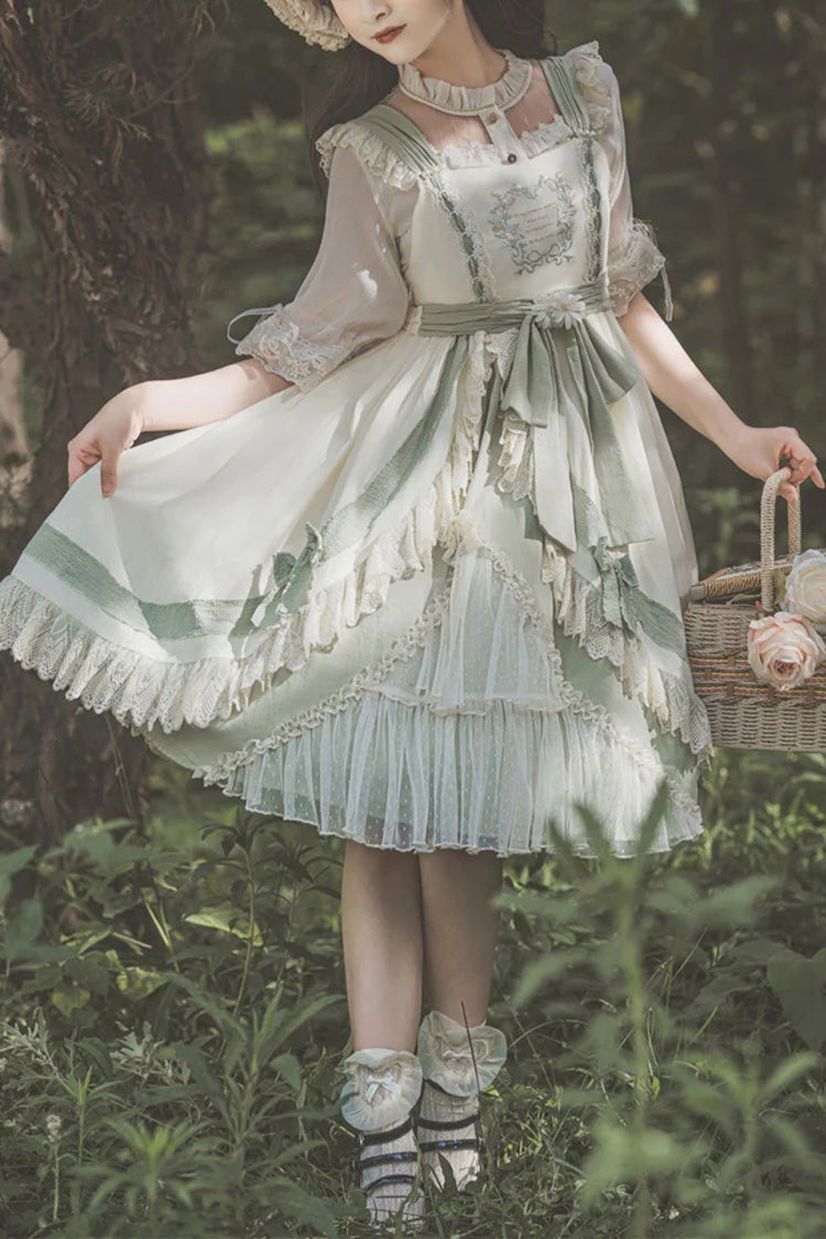 Sweet Lolita JSK - White/green Country Style Daisy, 2 Colors, High Waist - main product image