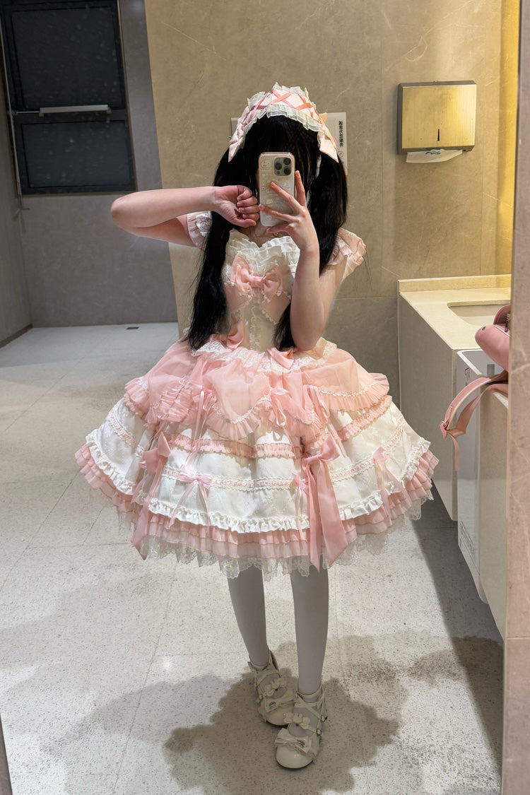 Sweet Lolita JSK - White/pink, 2 Colors, Ballet-Inspired Style, Bow Detail, Lace Trim - additional product view 5