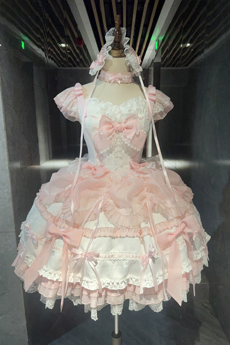 Sweet Lolita JSK - White/pink, 2 Colors, Ballet-Inspired Style, Bow Detail, Lace Trim - main product image