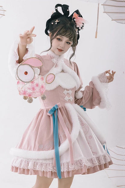 Sweet Lolita JSK - White/pink, 2 Colors, Ruffled, Chinese-Inspired Style - additional product view 2
